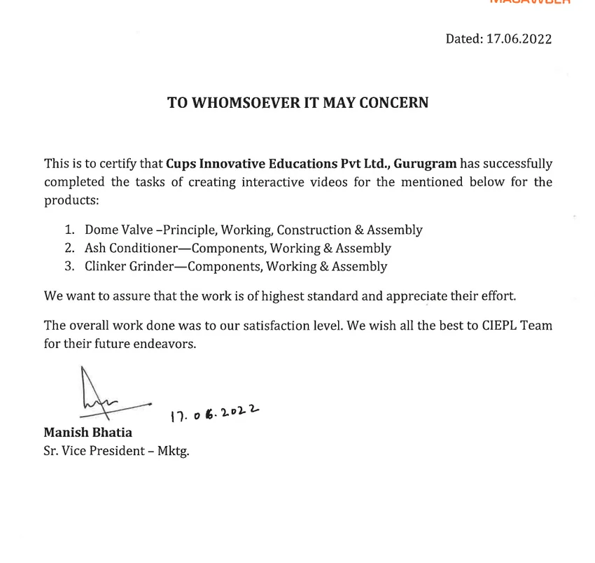 Excerpt from Macawber Beekay work completion letter