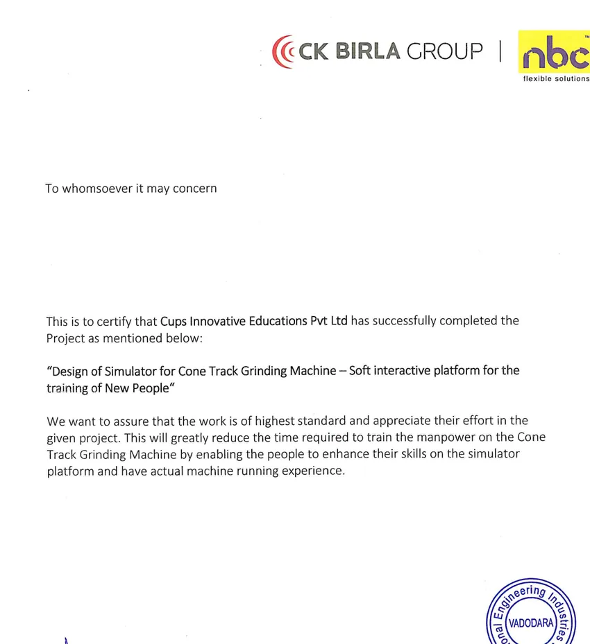 Privacy-safe excerpt from NBC Bearings work completion letter