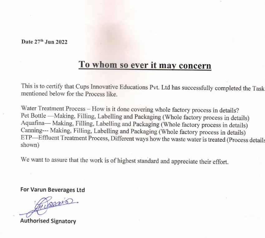 Excerpt from Varun Beverages work completion certificate